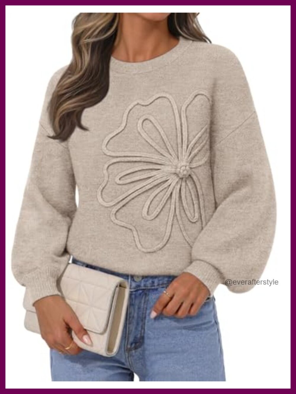 Women's Floral 3D Knit Pullover Sweater Lantern Sleeve Crew Neck Oversized Top